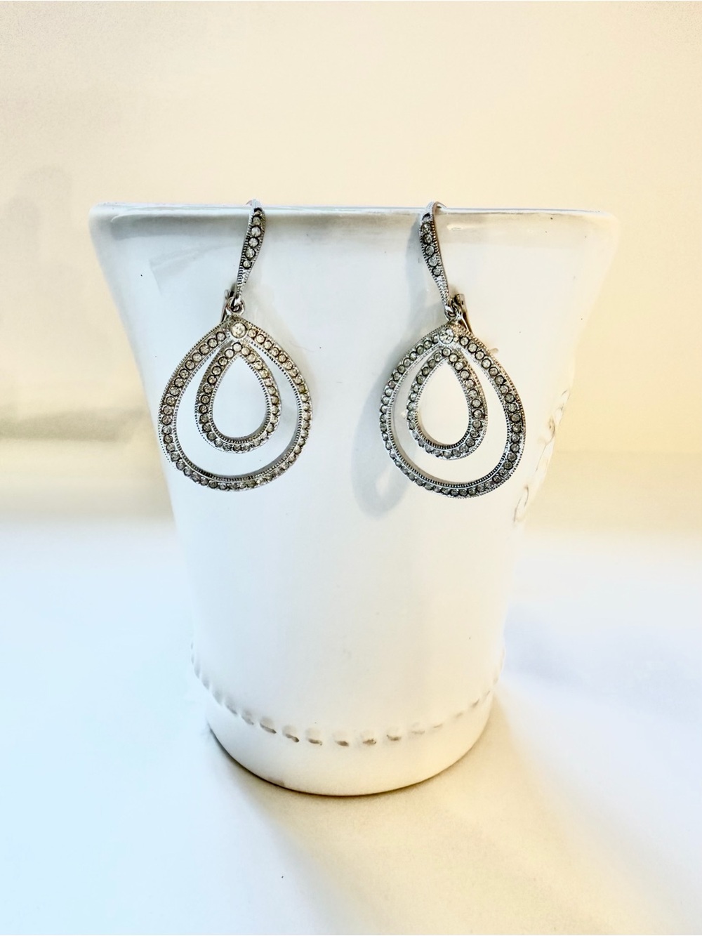 Silver Tone Double Teardrop Rhinestone Dangle Earrings Leverback